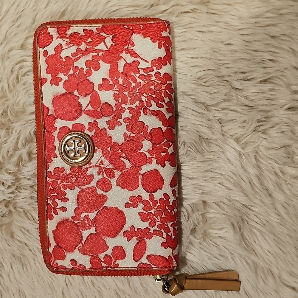 Tory Burch Red Floral Zip Around Wallet EUC